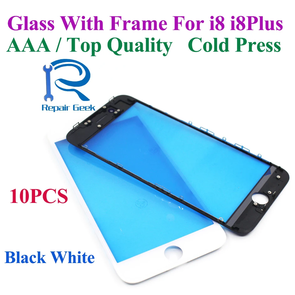 

Repair Geek 10pcs Glass with Frame for iPhone 8 plus Glass Lens with Middle Frame bezel Cold Press AAA and Top Quality