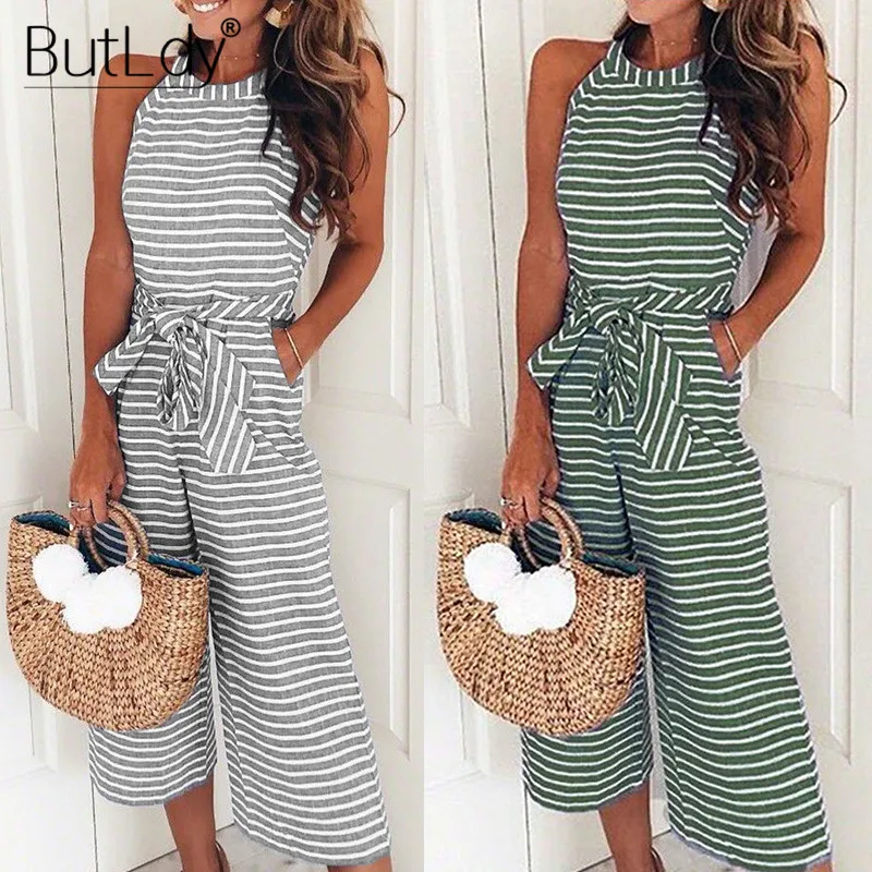 Striped Jumpsuit Women Summer Sexy Casual Boot Cut Long Pants Jumpsuits Rompers Sashes Overalls Off Shoulder Bodysuit Playsuit | Женская