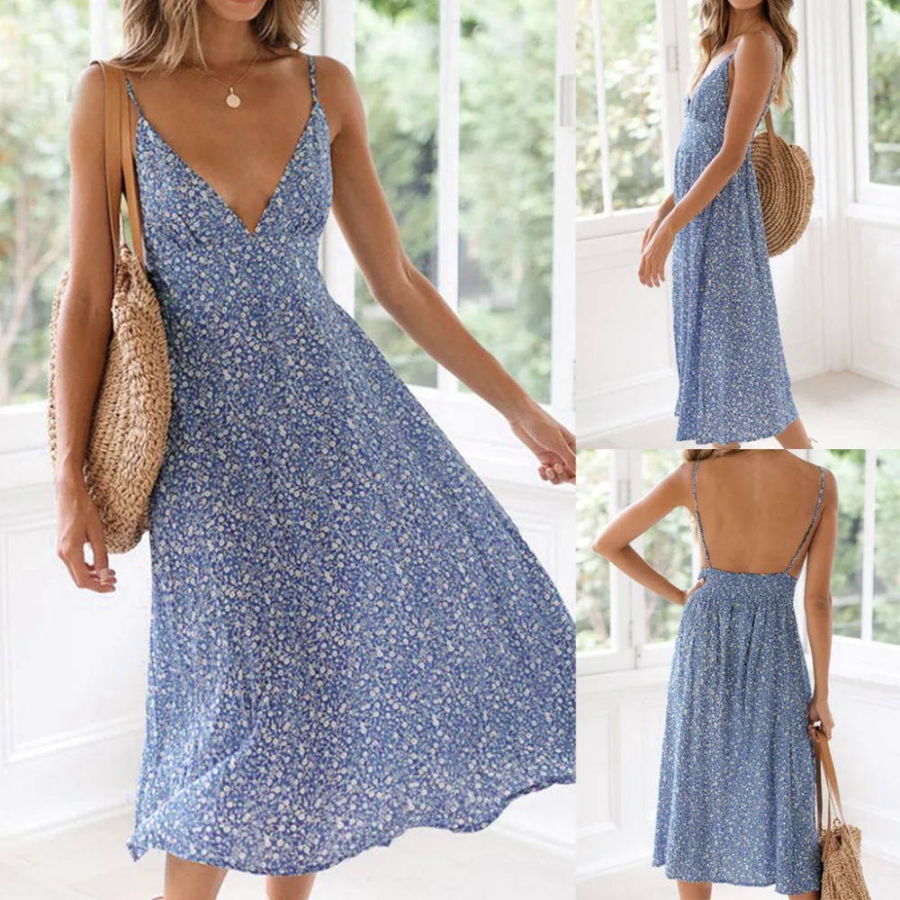 Женское летнее платье Boho с цветочным принтом вечерние пляжные v-образный вырез