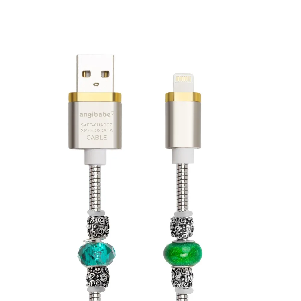 (Зеленый) пружинный USB-кабель для быстрой зарядки с инкрустацией стразами iPhone 8 7 6