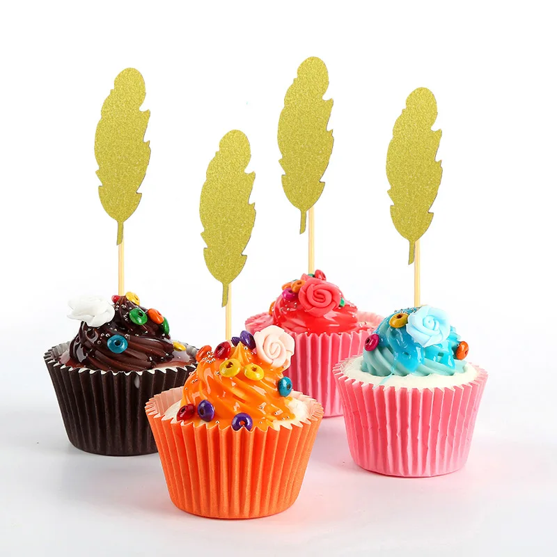 24 шт бумаги кекс топперы золотой блеск перо в стиле бохо торт Топпер день