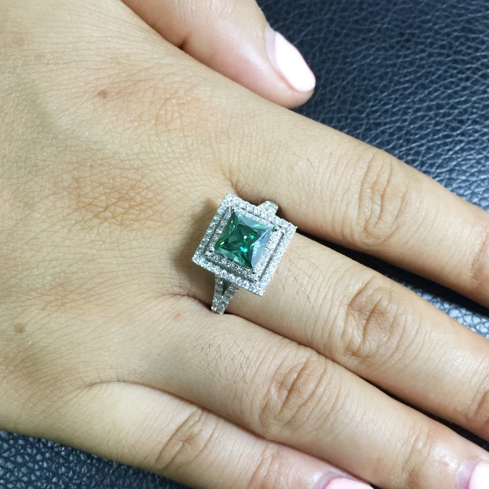 Женское кольцо для помолвки с кристаллами 3 карата зеленого цвета 14 K белого