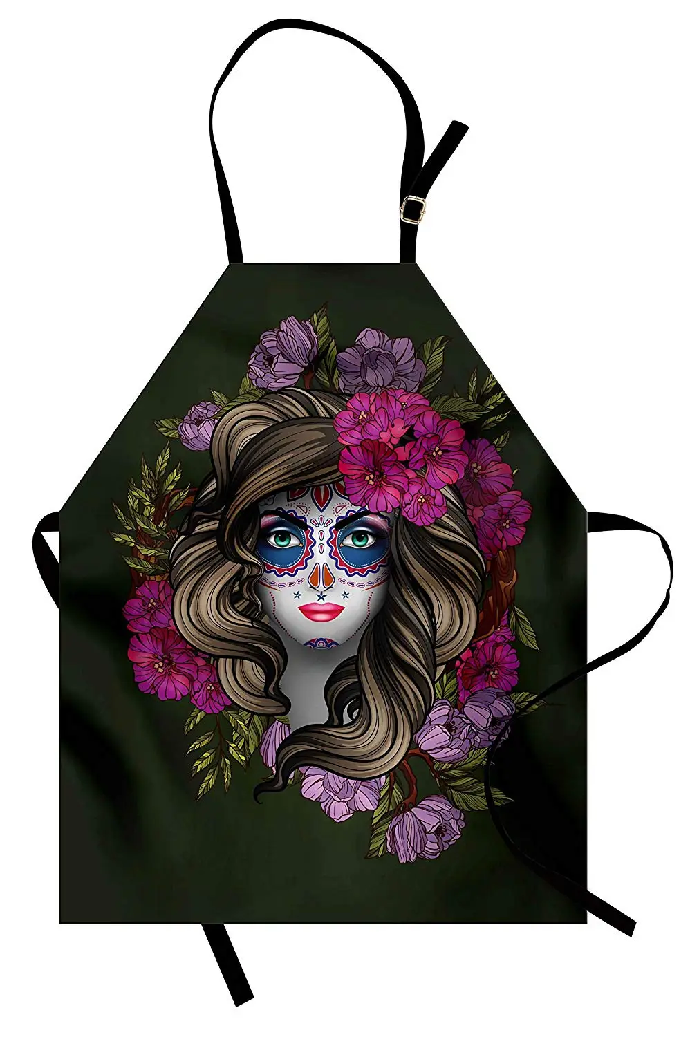 Макияж фартук Calavera День мертвых мексиканский милый череп лицом женщины с цветочной головой Хэллоуин фартук для кухни для приготовления пищи