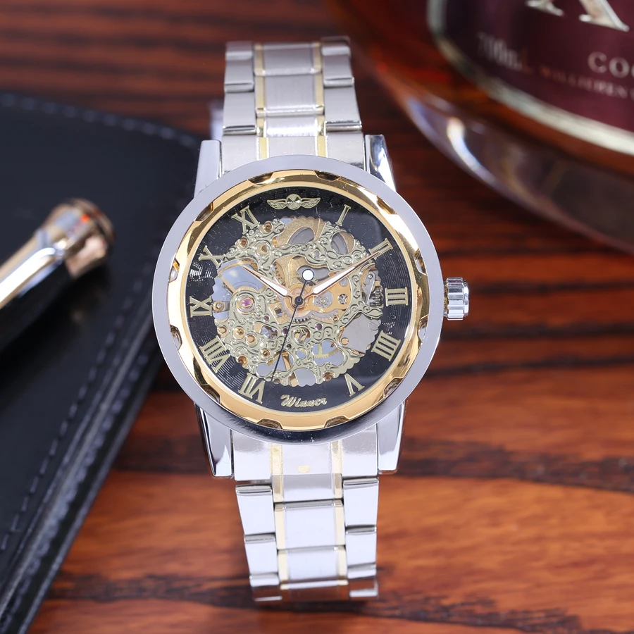 Механическая Скелет наручные часы прозрачные золотые Для мужчин Часы лучший