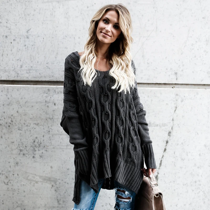 Elegant Sides Split Long Sweaters Women 2018 Autumn Winter Sexy V Neck Pullovers Casual Fashion Loose Oversized Knitted Jumpers | Женская