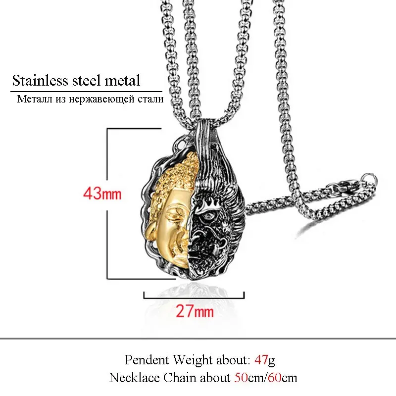 ZFVB Vintage Kind Evil Half Buddha Demon Face Necklace Hiphop Rock Design 316L Stainless Steel Punk Pendant Necklaces For Men | Украшения и