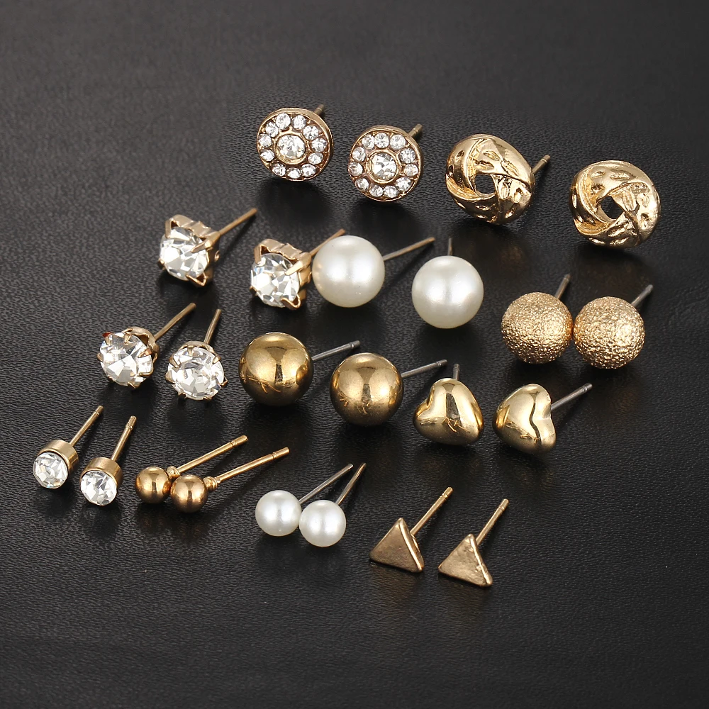 12 шт./компл. круглые серьги гвоздики золотистого цвета из кристаллического