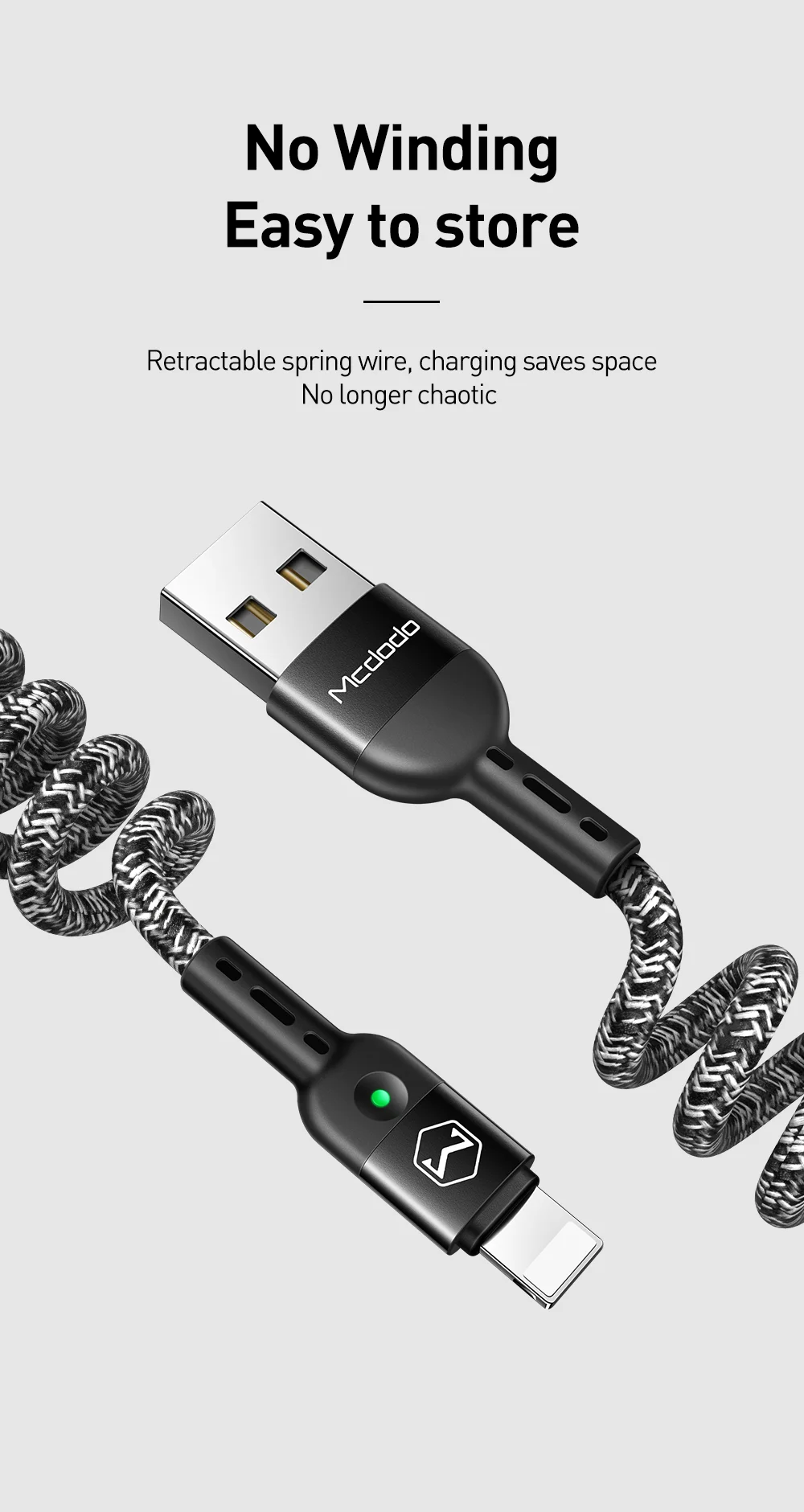 Mcdodo 1,8 м весенний удлиняющий usb-кабель для быстрой зарядки для IPhone XS MAX XR X 8 7 6 Plus светодиодный usb-кабель для передачи данных и зарядки мобильных телефонов