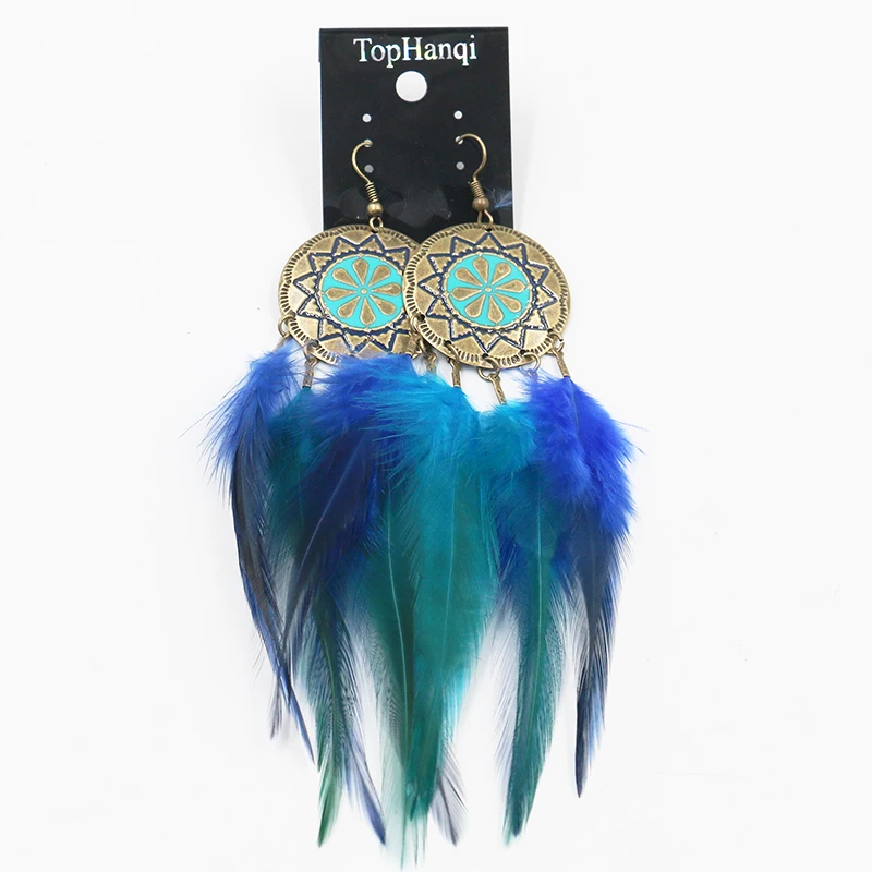Boho серьги длинные висячие из перьев классный подарок Винтаж ручной работы