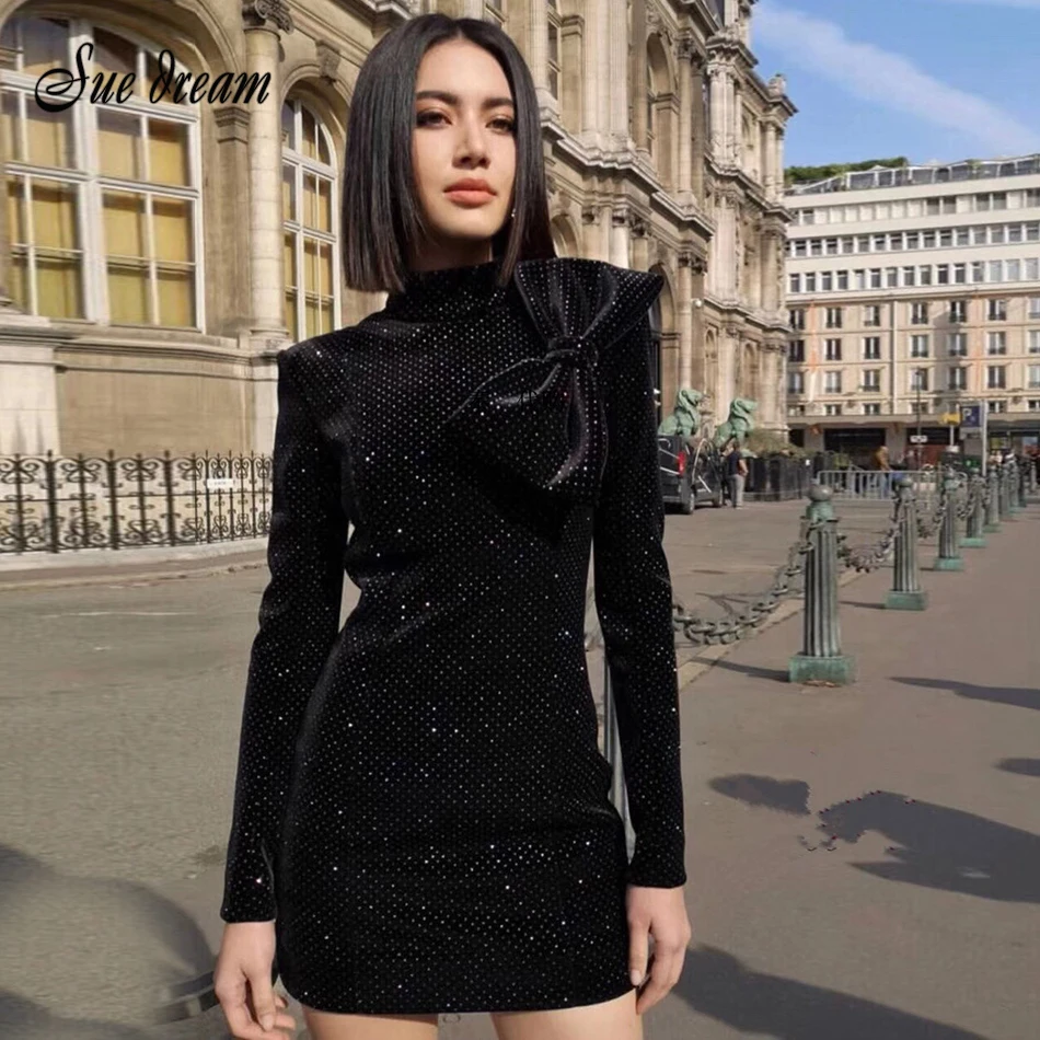 Женское мини-платье в горошек вельветовое платье с высоким воротником и длинным