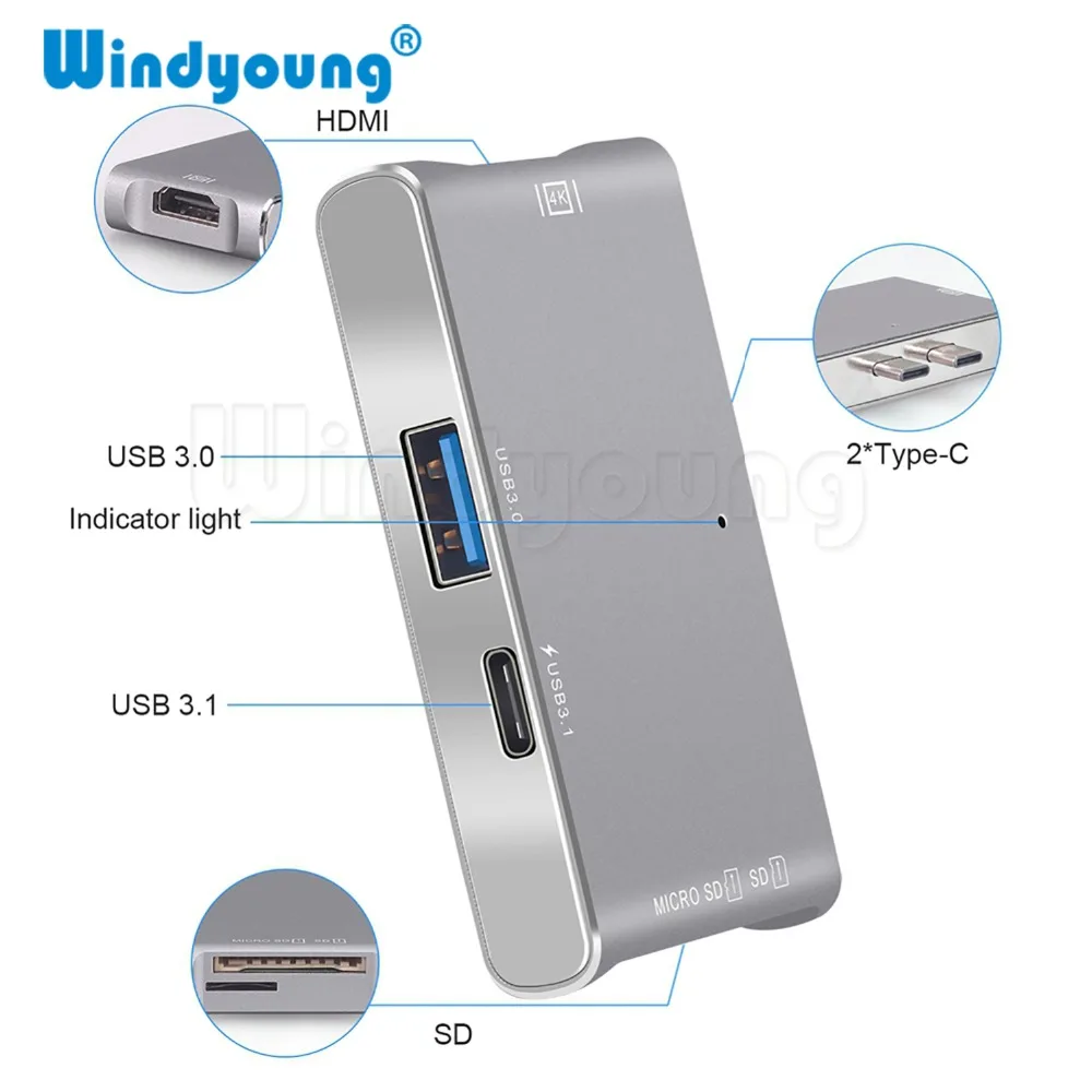 USB концентратор Windyoung HDMI 4k для MacBook Pro thunderbolt 3 Type C с кардридером TF SD карт быстрое