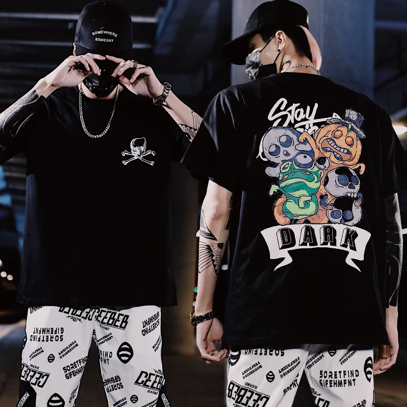Свободные печати футболки с коротким рукавом Уличная 2019 Лето Harajuku Хип хоп модные