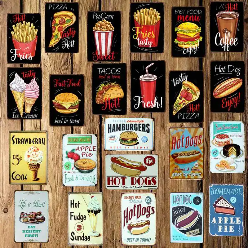 

[ Mike86 ] FAST FOOD HOT DOG FRIES PIZZA APPLE PIE ICE CREAM Metal Sign Wall Plaque Poster Custom Painting Decor Art LT-1696