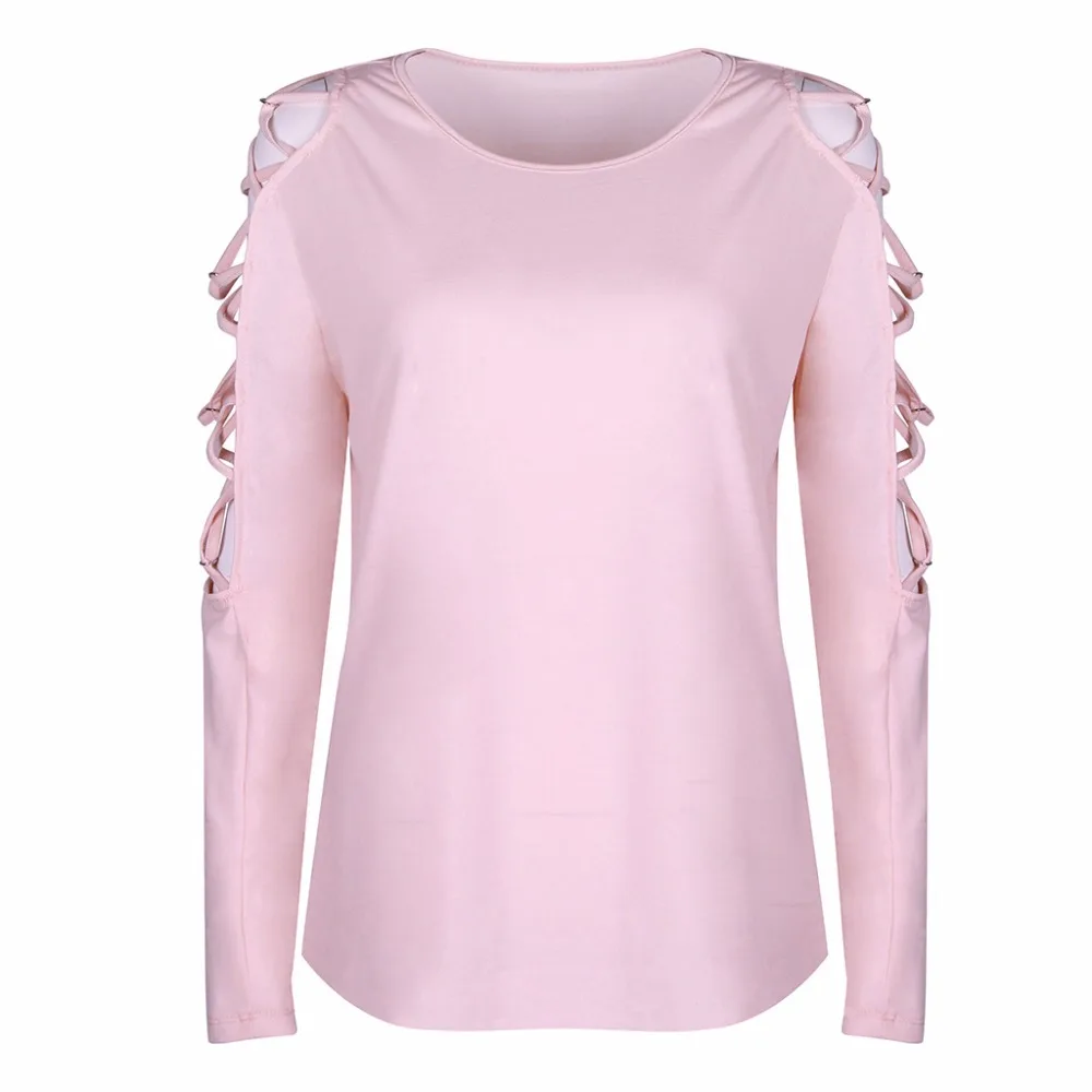 2018 New Arrivals Fashion Casual Hollow Out Arm Long Sleeve Pink Women Tshirt Sexy Low Cut Tops Ladies Kawaii | Женская одежда