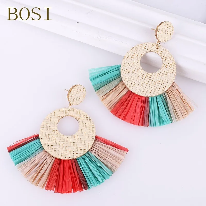 Серьги из ротанга ручной работы с кисточками для женщин богемные круглые висячие