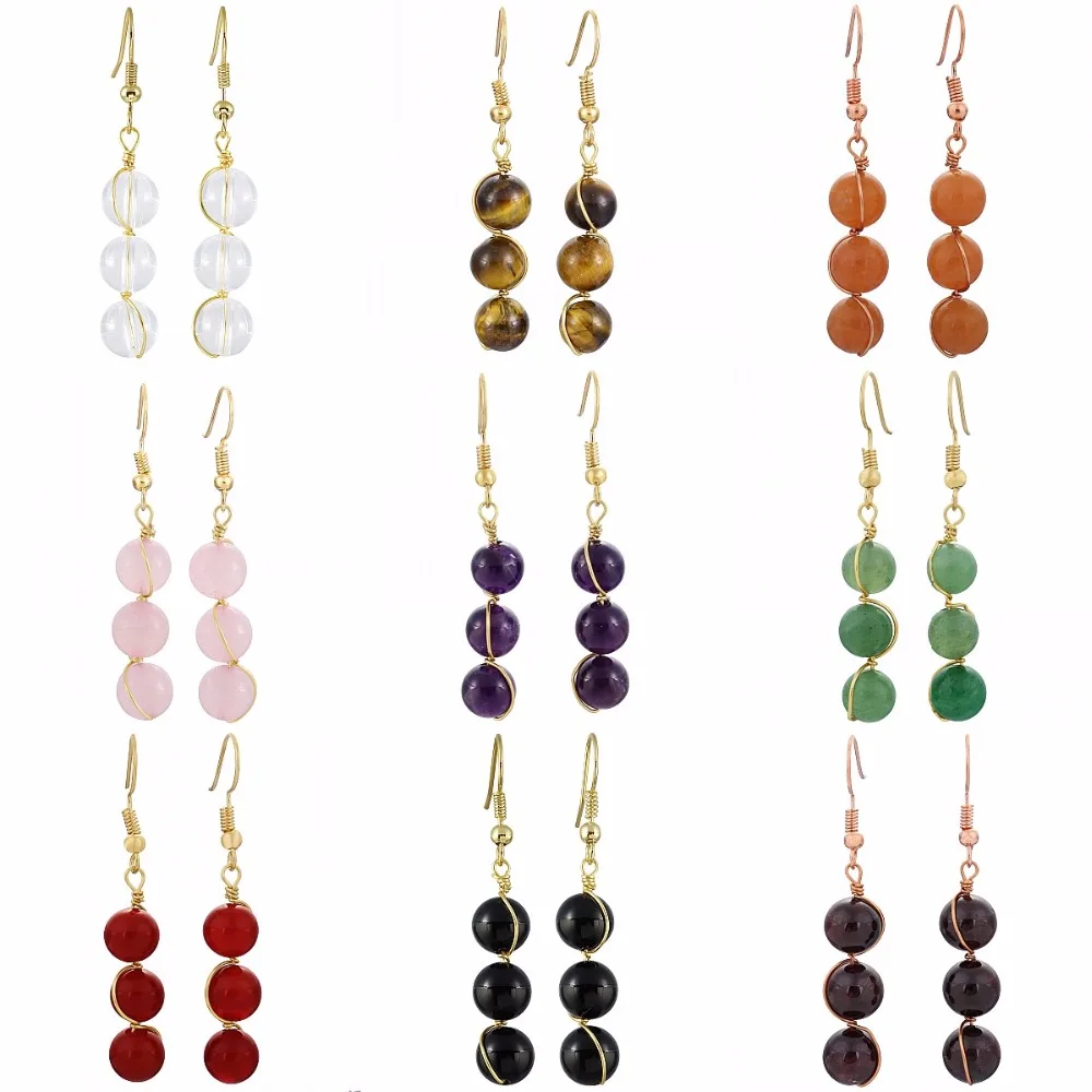 

TUMBEELLUWA Wire Wrapped 8mm Round Beads Healing Stone Drop Hook Earrings for Women