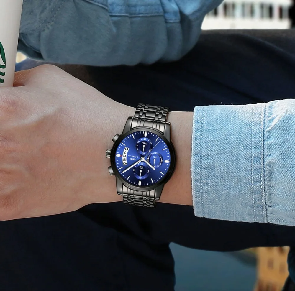 Men Watches OLMECA Brand Watch Military Relogio Masculino Chronograph Wrist Female Clock Black Stainless Steel Blue Dial | Наручные часы
