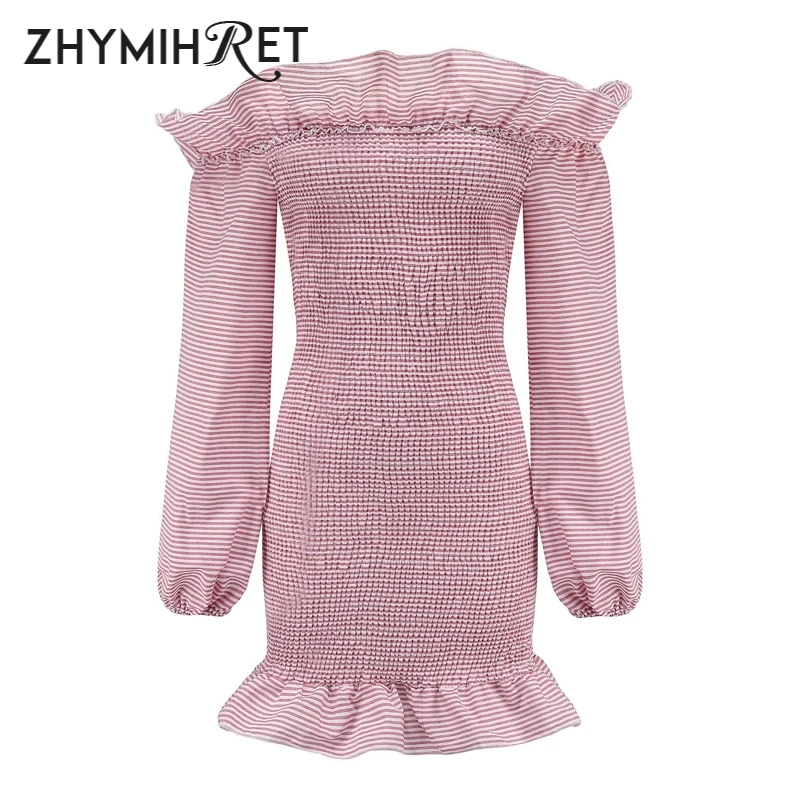 ZHYMIHRET/розовые платья в полоску с вырезом лодочкой для девочек осенние облегающие