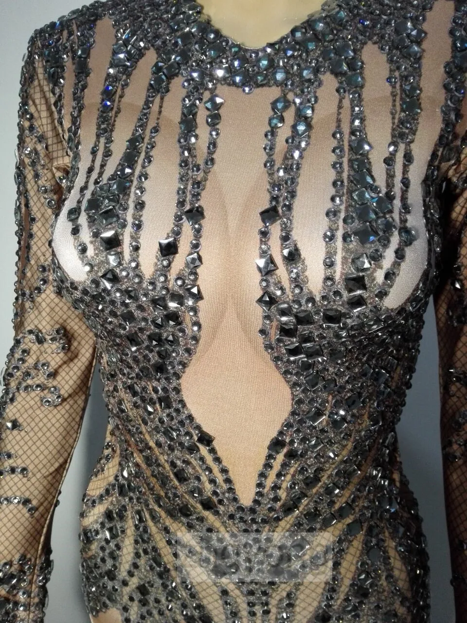 Black Shining Glass Rhinestones Bodysuit Female DJ singer DS Costume Sexy Nude Crystal Diamond catsuit Bar Party Stage costumes