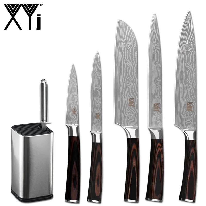 B.7Pcs Set XYj нож из нержавеющей стали Дамасские вены лезвие цветная деревянная ручка кухонные заточки инструменты бар 8 дюймов Ножи подставка держатель - Цвет: B.7Pcs Set