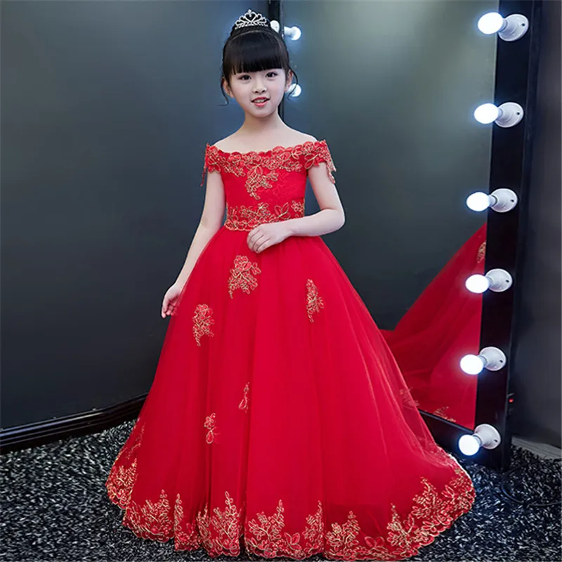 

Children Birthday Wedding Lace Clothing Summer 2020flowers girls long tail dress luxury elegant fairy costumes Ball Gown Dress