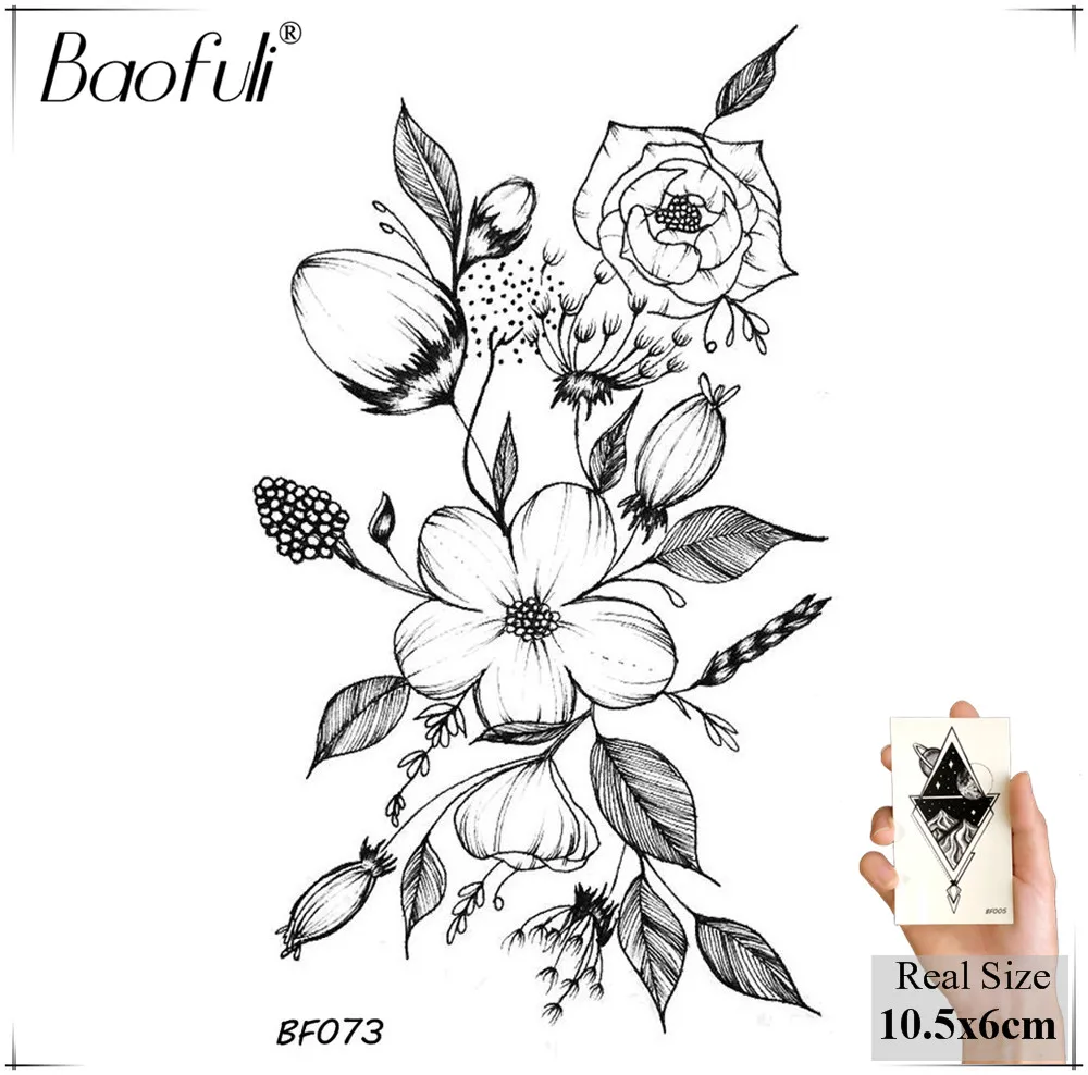 BAOFULI Lifelike Flowers Temporary Tattoo Stickers Black Water Transfer Fake Tatoos Women Body Art DIY Neck Arms Legs |