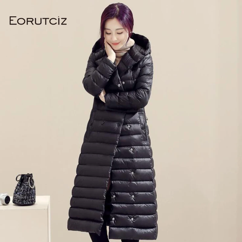 

EORUTCIZ Winter Plus Size 3XL Long Down Coat Women Hooded Ultra Light Jacket Slim Vintage Black Autumn Casual Coat LM368