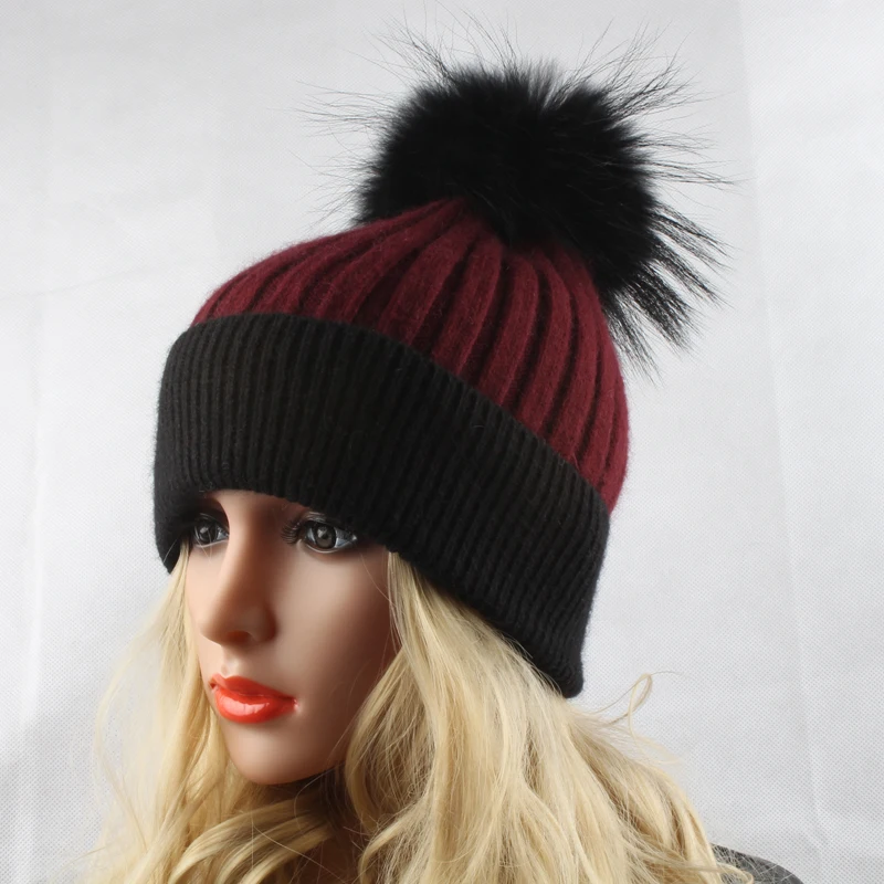 Зимние шерстяные шапки для женщин шапка с меховым помпоном женская трикотажная
