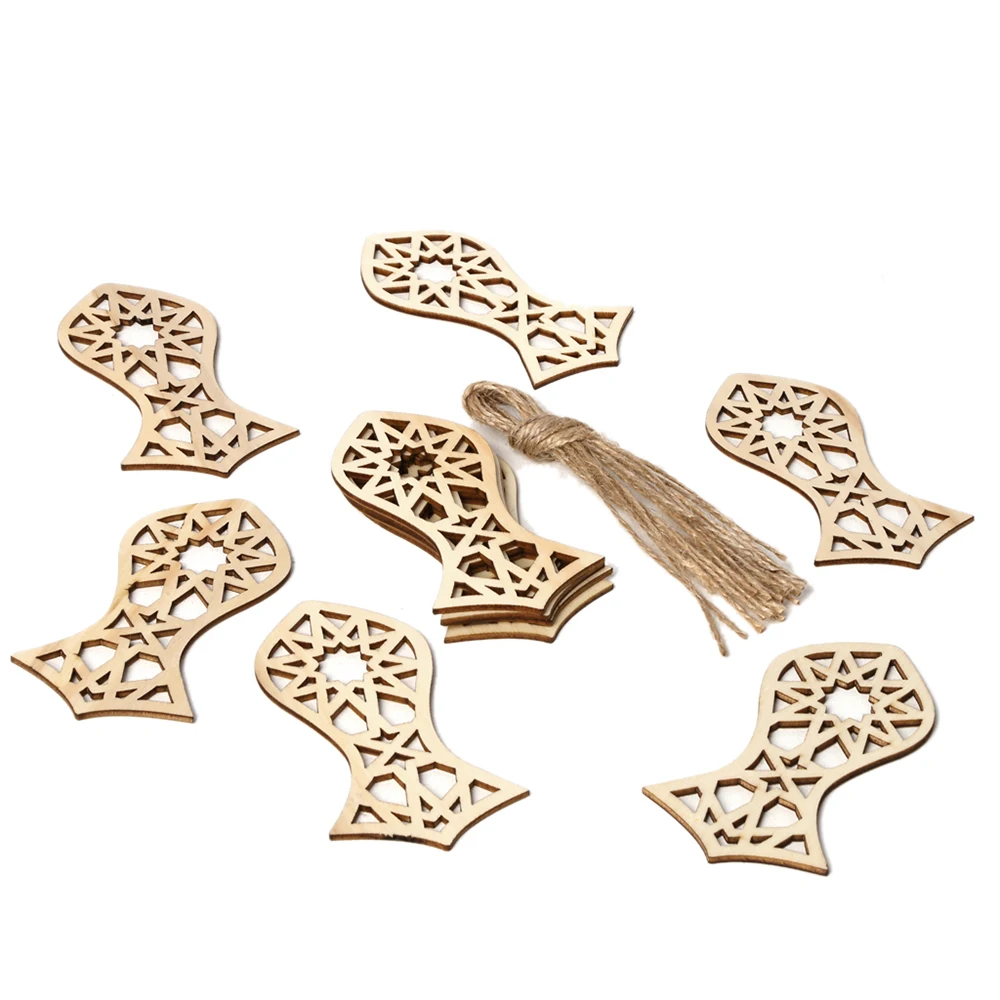 

10pcs/set Eid Mubarak Natural Hanging Wooden Hollow Ornament Crafts Activities Gifts With Ropes DIY Eid Ramadan Home Decor