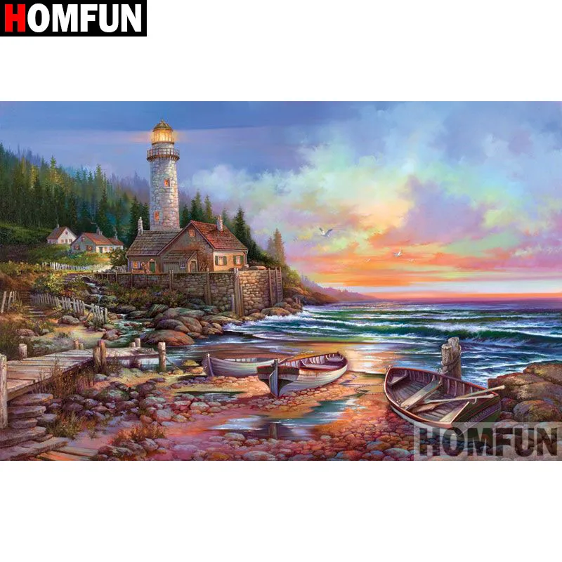 Алмазная 5D картина HOMFUN Пейзаж маяков полноразмерная/круглая вышивка крестиком
