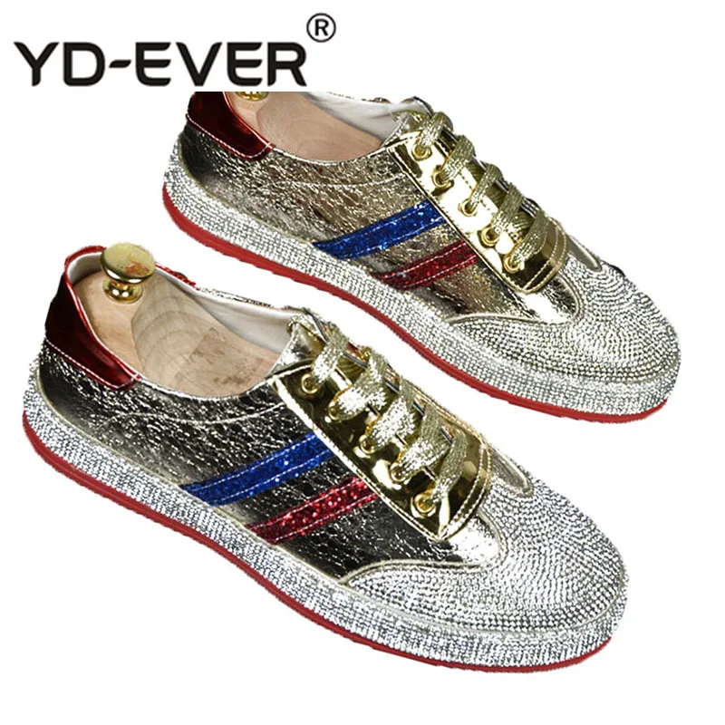 Casual Men Sneakers Luxury Brand Silver Shoes Spring Lace Up Skate European Trainers Italy Patent Leather Gold Nice Rhinestone | Обувь