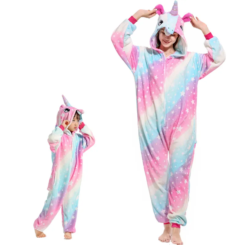 Galaxy Unicorn Комбинезон для родителей и детей; пижамный комплект с рисунком животного; единорог; кугуруми; для взрослых; унисекс; для женщин и детей; зимняя фланелевая семейная одежда для сна с капюшоном - Цвет: Galaxy Unicorn