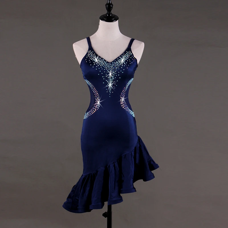 Slim Latin Dance Dress Blue Rhinestone Cha Cha Salsa Samba Rumba Competition Dress Women Tango Performance Dancing Wear DC2492