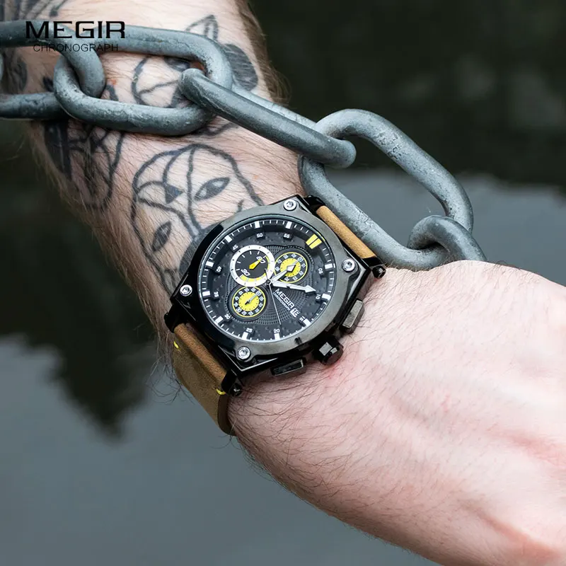 

MEGIR Mens Analog Quartz Wristwatches Top Brand Leather Strap Chronograph Sport Watches Men Clock Relogio Masculino Reloj Hombre