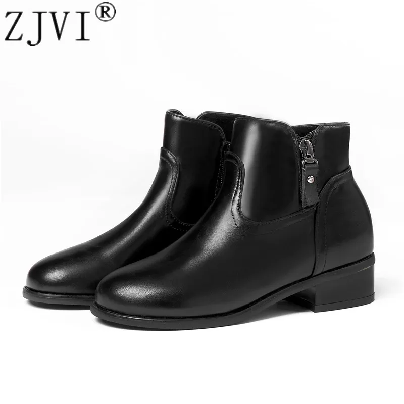 

ZJVI Women Ankle Boots Womens Sexy Autumn Winter Square Heels Boots 2022 Woman Casual Ladies Black Warm Fur Round Toe Work Shoes
