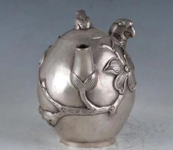 Chinese Copper Silver Hand Carved Bird Flower frog Teapot wine pot Antiques | Дом и сад