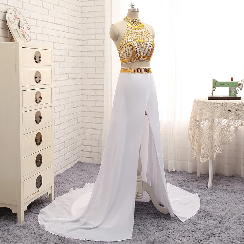 Белое и Золотое платье для выпускного вечера русалки 2018 высокий ворот Лори