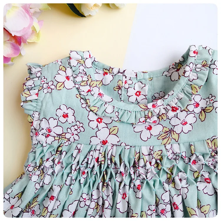 New Summer Kids Sleeveless England Handmade Smock Belt Bowknot Floral Printed Little Girls 9M-36M Princess Vest Dresses | Детская одежда