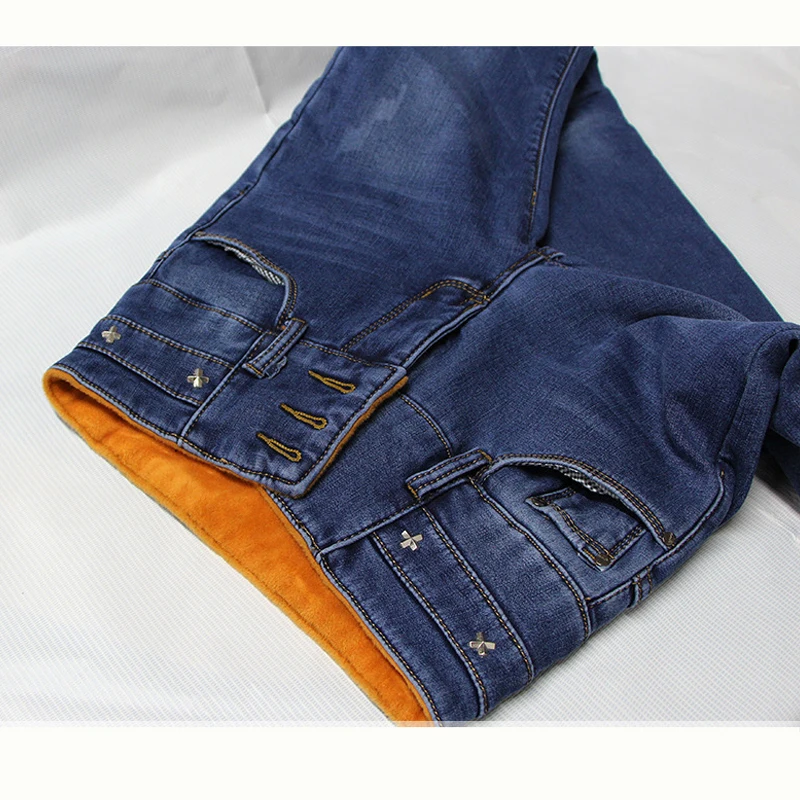 Женские брюки карандаш из джинсовой ткани {Guoran} синие флисовые плотной размера