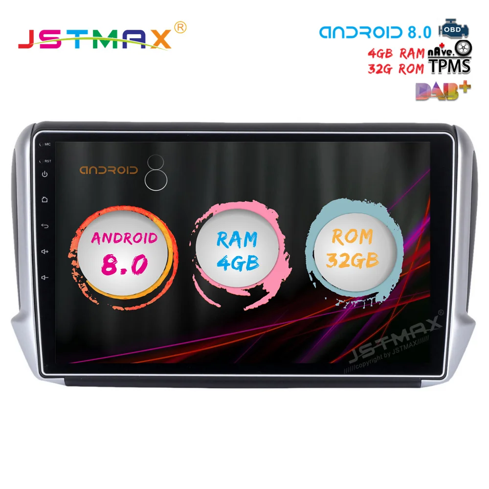 JSTMAX 10 2 &quotAndroid 8 0 Автомобильный GPS радио плеер для Peugeot 208 &amp 2008 2012 2016 2017 с ядерным 4