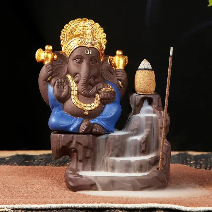 Слон Бог Ganesha курильница с обратным потоком фиолетовая глина буддийский домашний