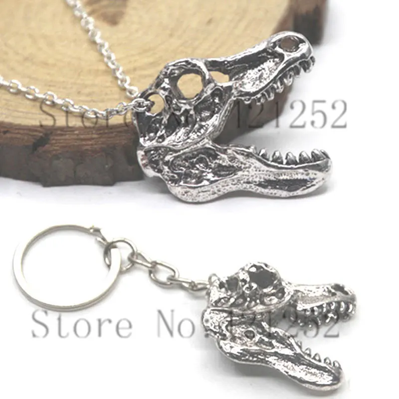 

12pcs/lot T Rex Necklace KEYRING Tyrannosaurus Rex Necklace keyring Dinosaur Jewellery Gift in silver
