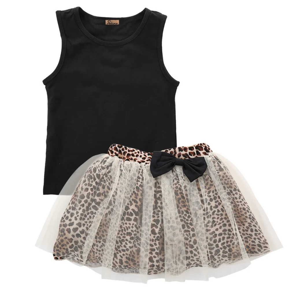 2017 Summer Kids Baby Girl clothes set Sleeveless Tops t-shirt + leopard bow-knot Tulle tutu dress 2Pcs Outfits sets | Детская одежда и