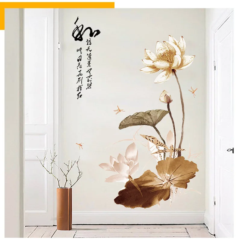 Chinese Lotus Wall Stickers Teenager Living Room Bedroom Decoration Decor Aesthetic Self adhesive Wallpaper for Tiles | Дом и сад