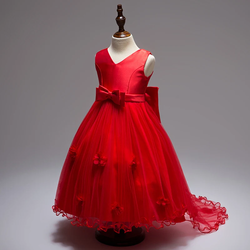 Новые детские платья со шлейфом для девочек кружевные принцессы с бантом