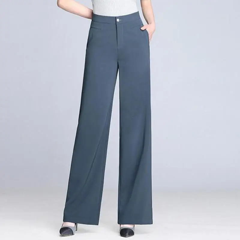 Summer Spring Elegant Womens Blue Wine Red High Waisted Wide Leg Loose Trousers , Fashion Office Lady Female Slim Fall Pants