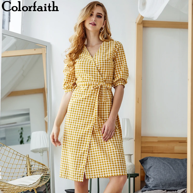 Colorfaith Новинка 2020 женские платья летние клетчатые Асимметричные хлопковые и