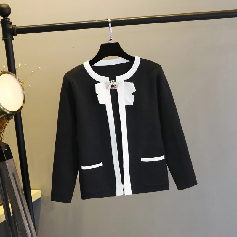 sweet wind cardigan coat female 2018 new round collar bowknot temperament long sleeve short wool sweater not with bee brooch |
