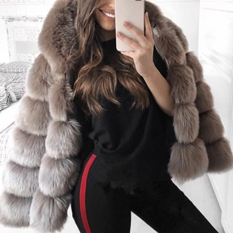 Женская Шуба из искусственного меха с капюшоном и длинным рукавом|Куртки меха| |