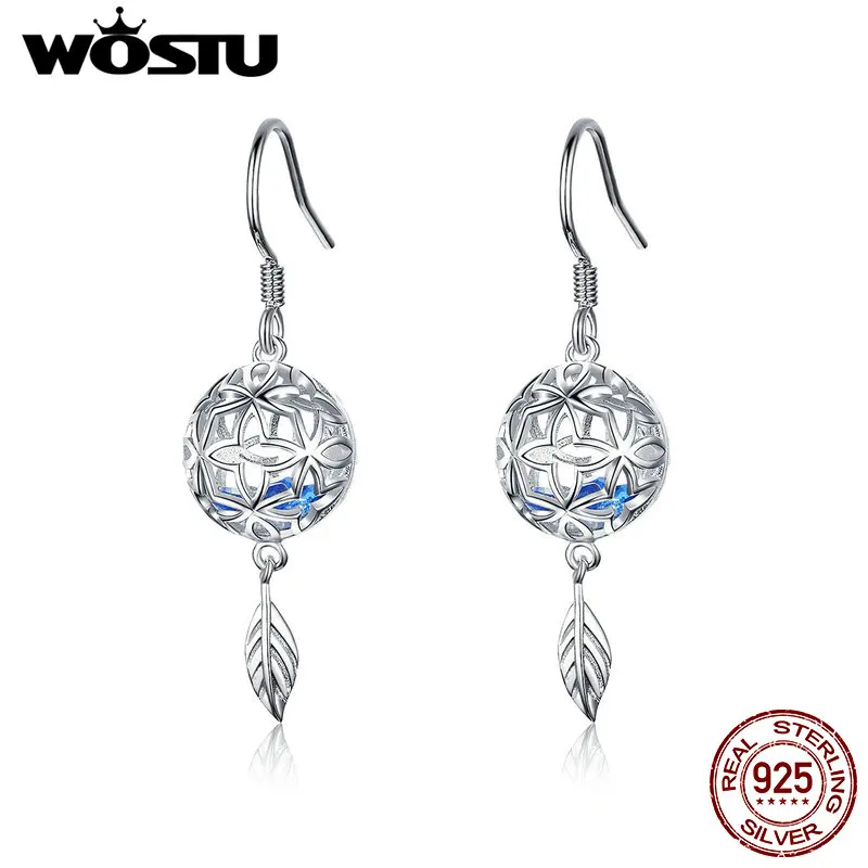 WOSTU 925 пробы серебряные серьги-кольца с шариком и синим цирконием для женщин Свадебные модные 925 ювелирные изделия FIE573